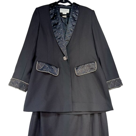 St. Anthony Evening  2-Piece Womens Suit Set Size 10 Black Embellished Collar Cu - Picture 2 of 16
